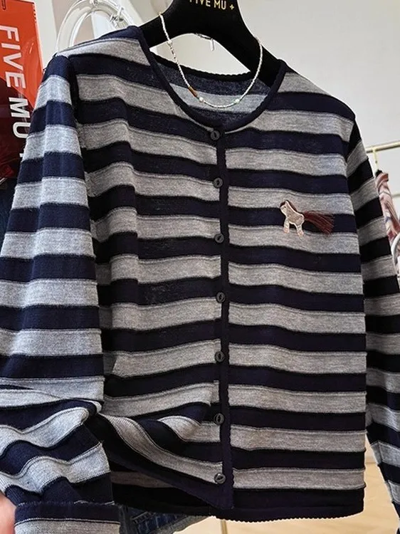 

plus Size Striped Knitted Open Cardigan Women's Thin Casual Single Button Outerwear Sweater American Sle Loose Fit Autumn Wear