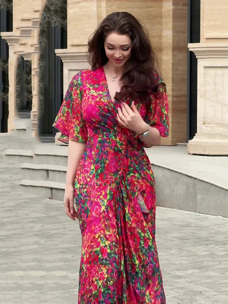 

Elegant Printing Irregular Dresses Spring Women Short Sleeved V Neck Long Dress Autumn High Waist Pullover Knee Length Dress