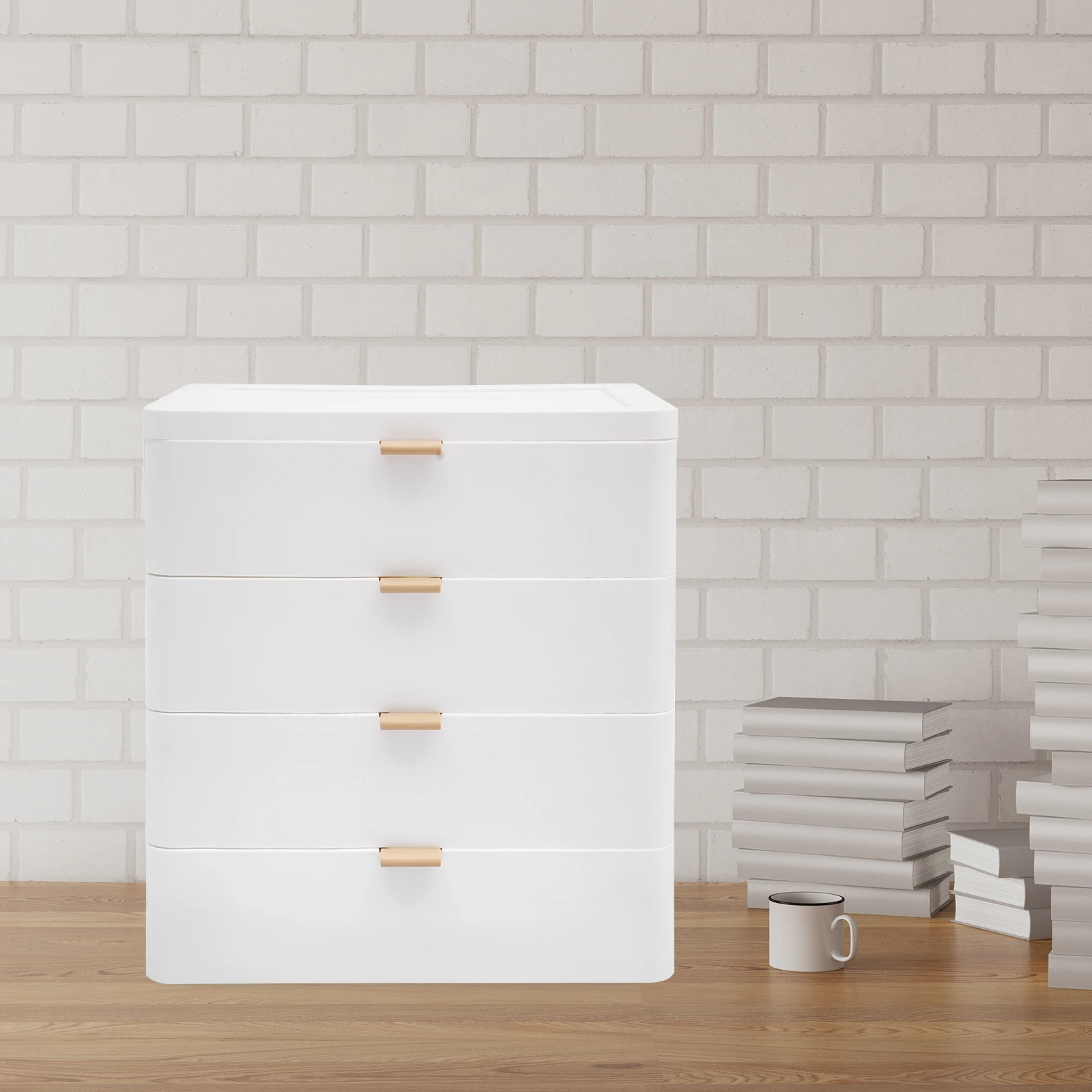 

White 4-Tier Drawer Storage Box, Desk Organizer with 4 Drawers & Top Shelf, Modern PP Plastic Tabletop Organizer for Home Office