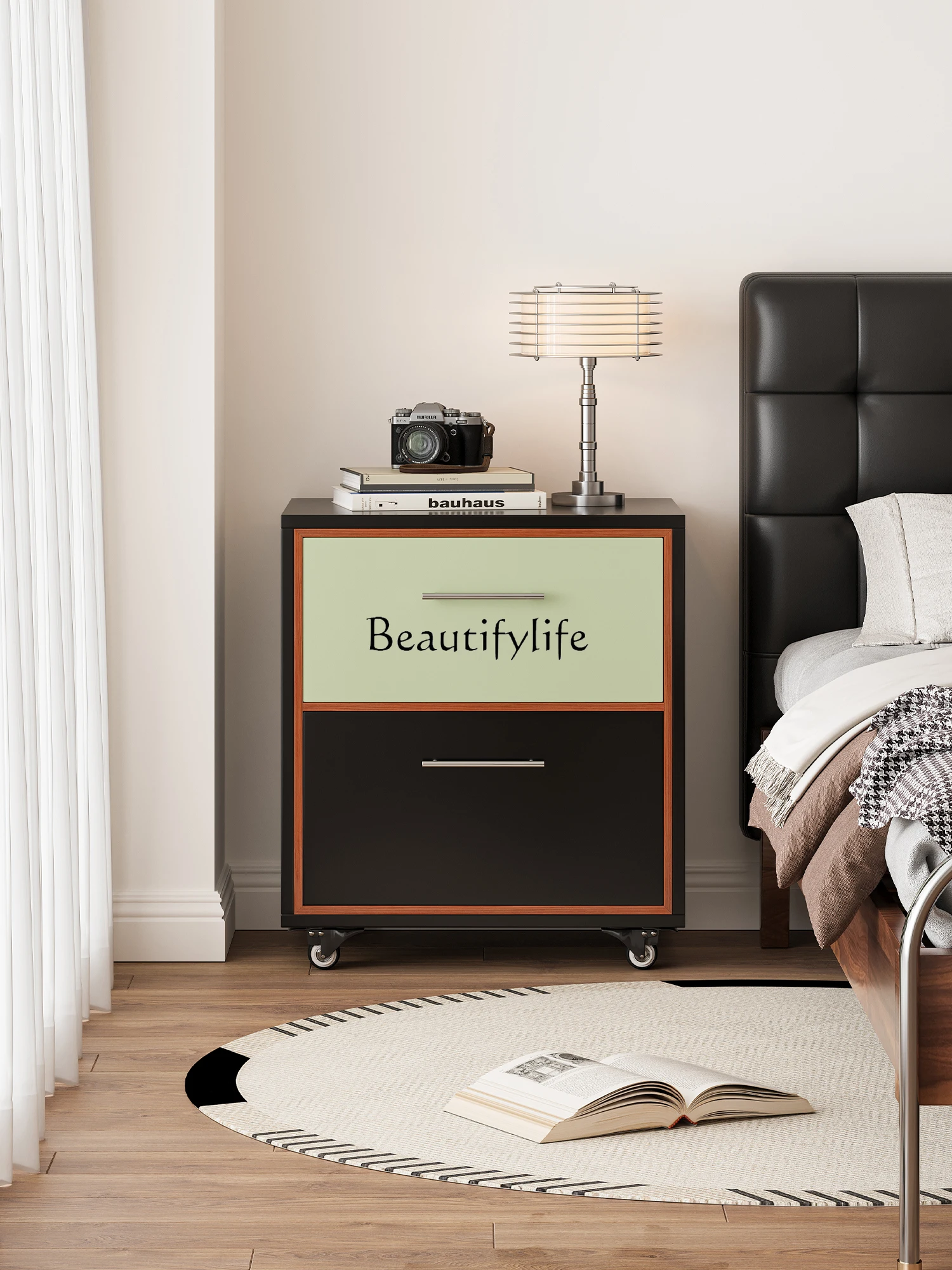 

Modern cream style color matching bedside table Qingti black Qiao bedroom bedside table