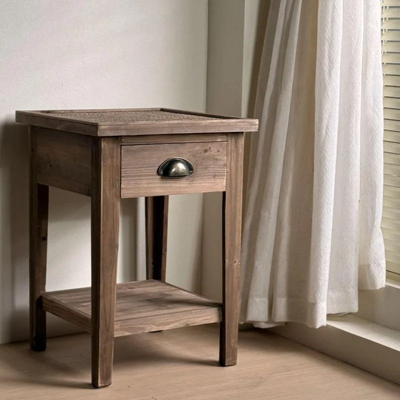 For Handmade Solid Wood Bedside Table, Rattan Countertop Retro Simple Homestay Bedroom Storage Bedside Table