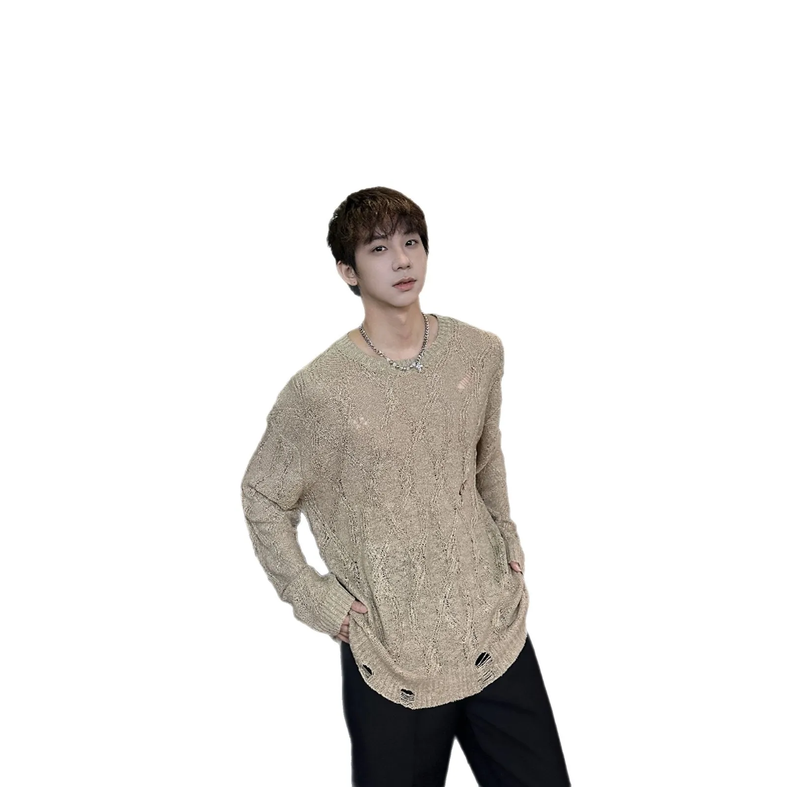 Blusa nueva de primavera con agujeros huecos, Top de malla fina, suéter de punto juvenil de manga larga para hombres y mujeres