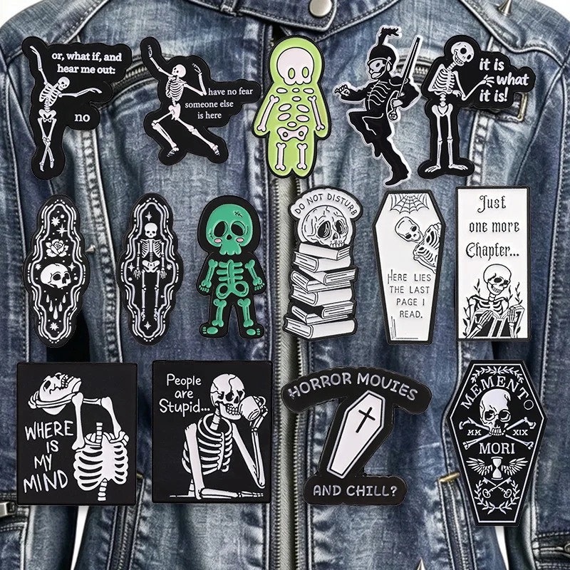 Skeleton Coffin Gothic Slogan Enamel Badge Collection Funny Skull Quote Lapel Pin For Halloween Backpack Jacket Decor Gift