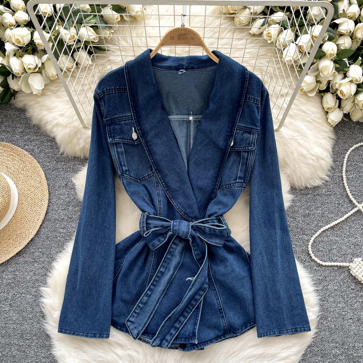 

Women Fashion With Belt Denim Blue Single Breasted Jackets Vintage Lapel Neck Long Sleeves Female Chic Lady clothing
