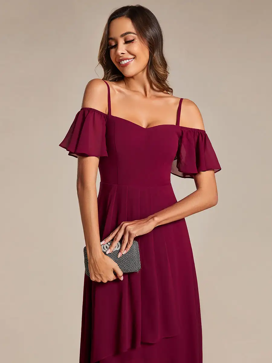 Elegant Evening Dresses Spaghetti Strap Cold Shoulder 2024 Ever pretty of Chiffon A-Line Burgundy Midi Wedding Guest Dress