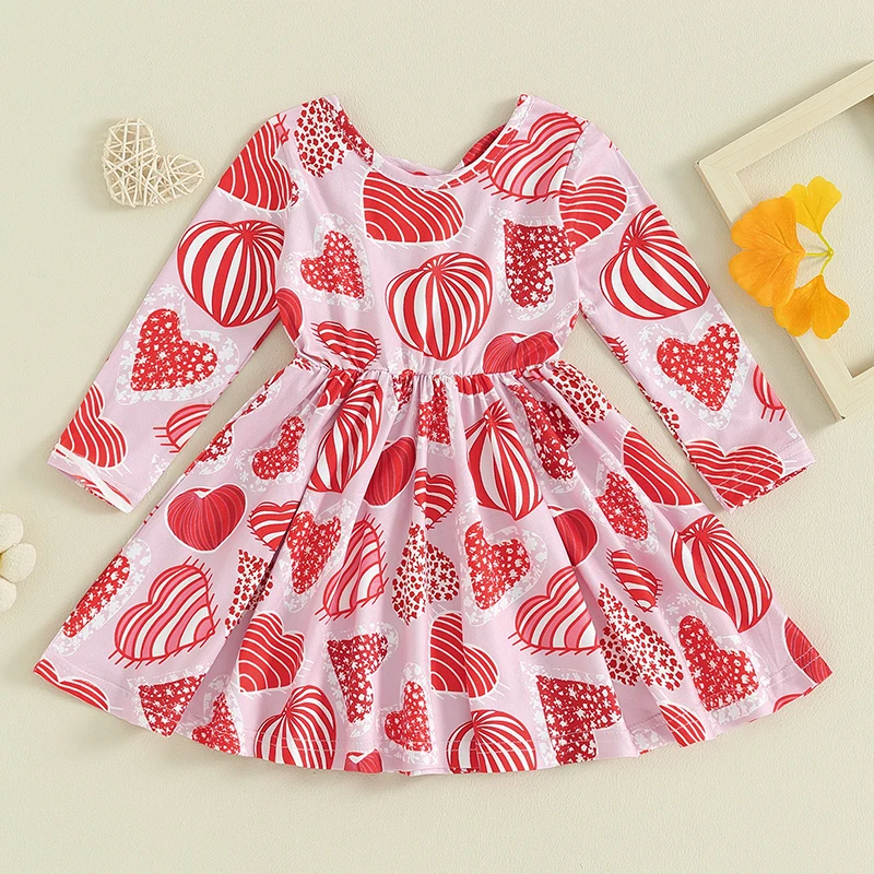 

Toddler Girl Valentine s Day Outfit Long Sleeve Round Neck Heart Print Skater Dress Adorable A-Line Dress for Baby Girl