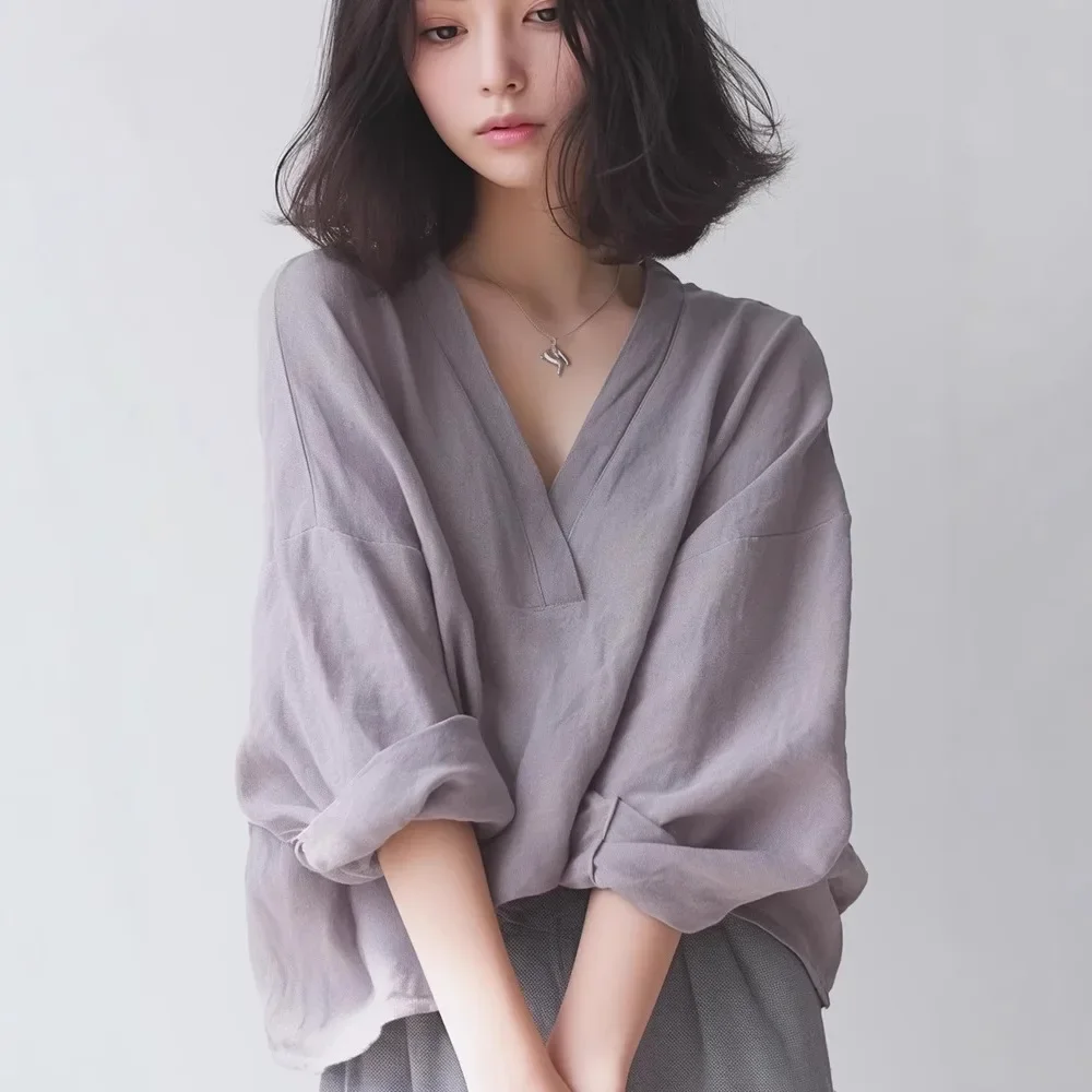 قميص نسائي صيفي فضفاض بأكمام طويلة على الطراز الفرنسي، نسخة جديدة رفيعة، كاجوال برقبة على شكل حرف V، قميص أرجواني على الطراز الكوري