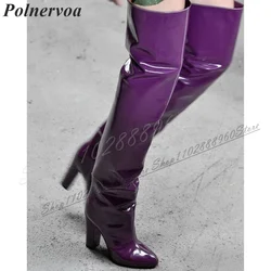Over The Knee Purple Catwalk Leather Boots Chunky High Heel Women Shoes Side Zipper Pointed Toe 2024 Fashion Zapatos Para Mujere