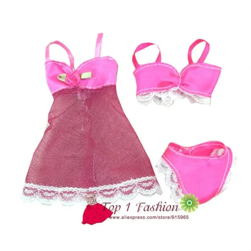 1 Sets rose color color Sexy Pajamas set Lingerie Nightwear Lace Night Dress + Bra + Underwear bikini Clothes For Barbie Doll