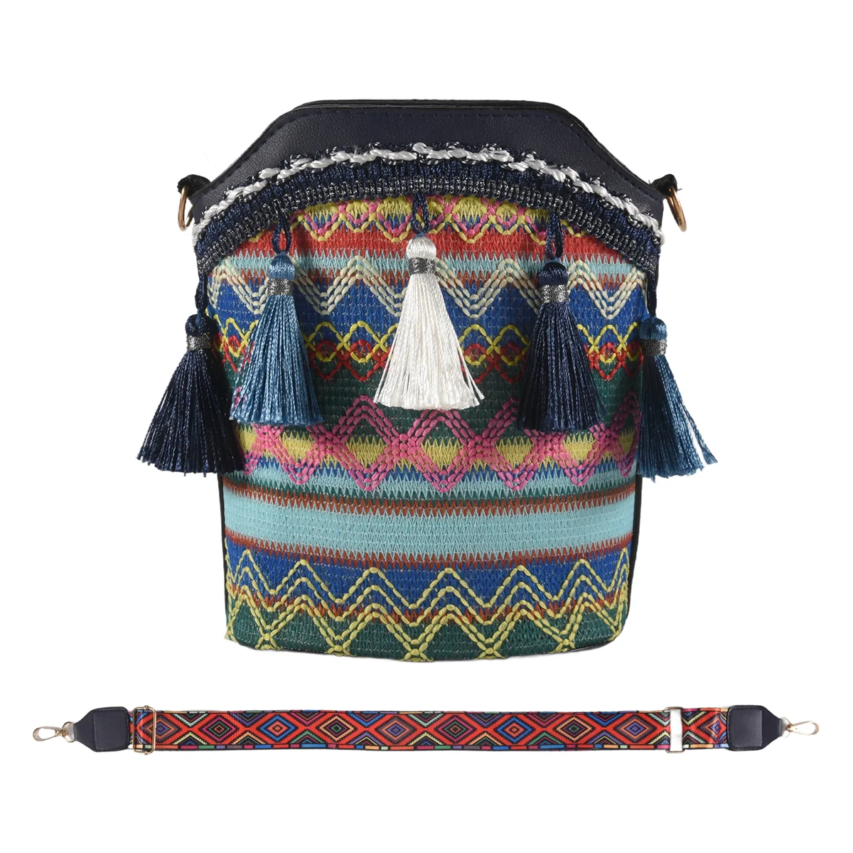 FZFZ 패션 보헤미안 민족 스타일 여성 밀짚 짠 어깨 메신저 가방 레트로 캐주얼 술 버킷 가방 네이비 블루