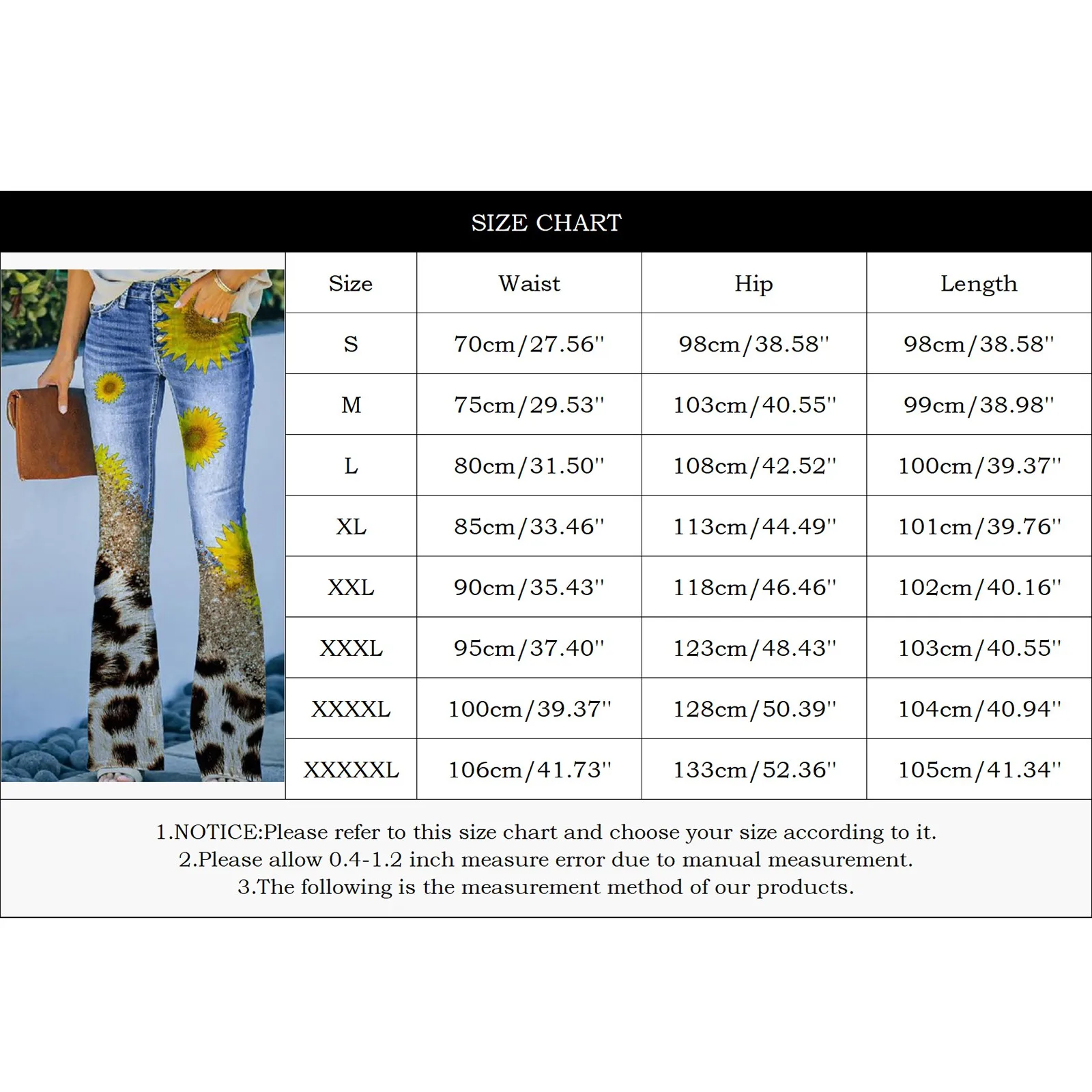 Spring Summer Casual Denim Pants Women Y2k Vintage Flower Print Jeans Double Pocket Button Bell Bottom Leisure Streetwear