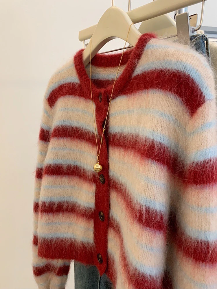 Autumn Winter New Sweet Red Striped Mohair Knitting Cardigan For Women Fashion Round Collar Single Breasted Sweater Coats