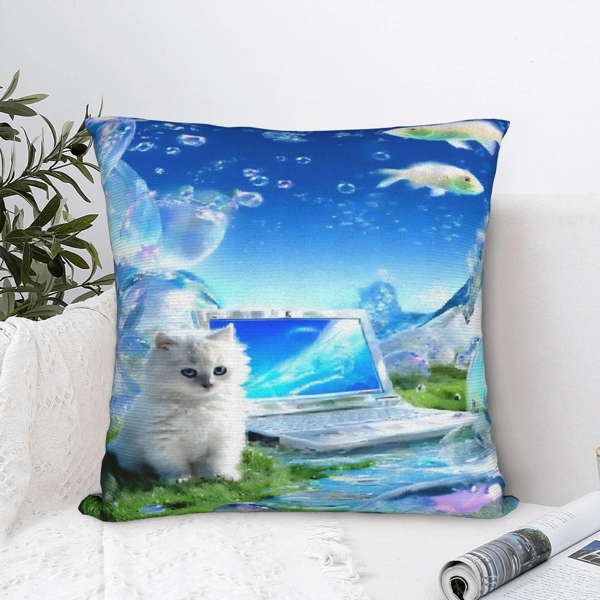 Computer Cat Square Pillowcases Polyester Home Frutiger Aero Cushion Case Cute Decorative Pillowcase 40*40