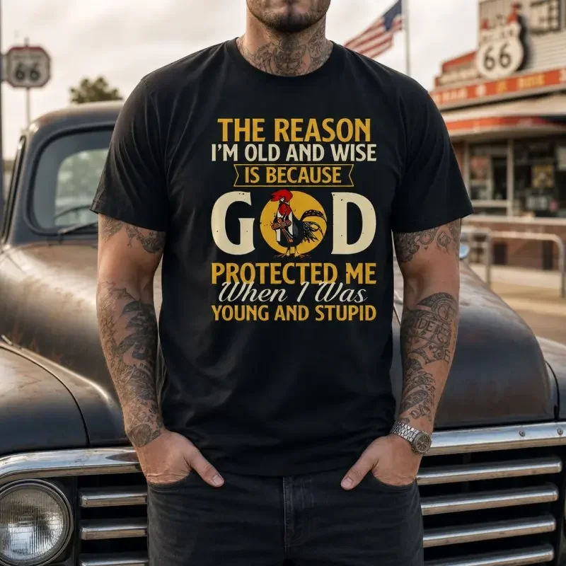 Men's Vintage Rooster Quote Print T-Shirt - Crew Neck, Short Sleeve, Breathable Fabric, Lightweight Casual Wear Tee, 