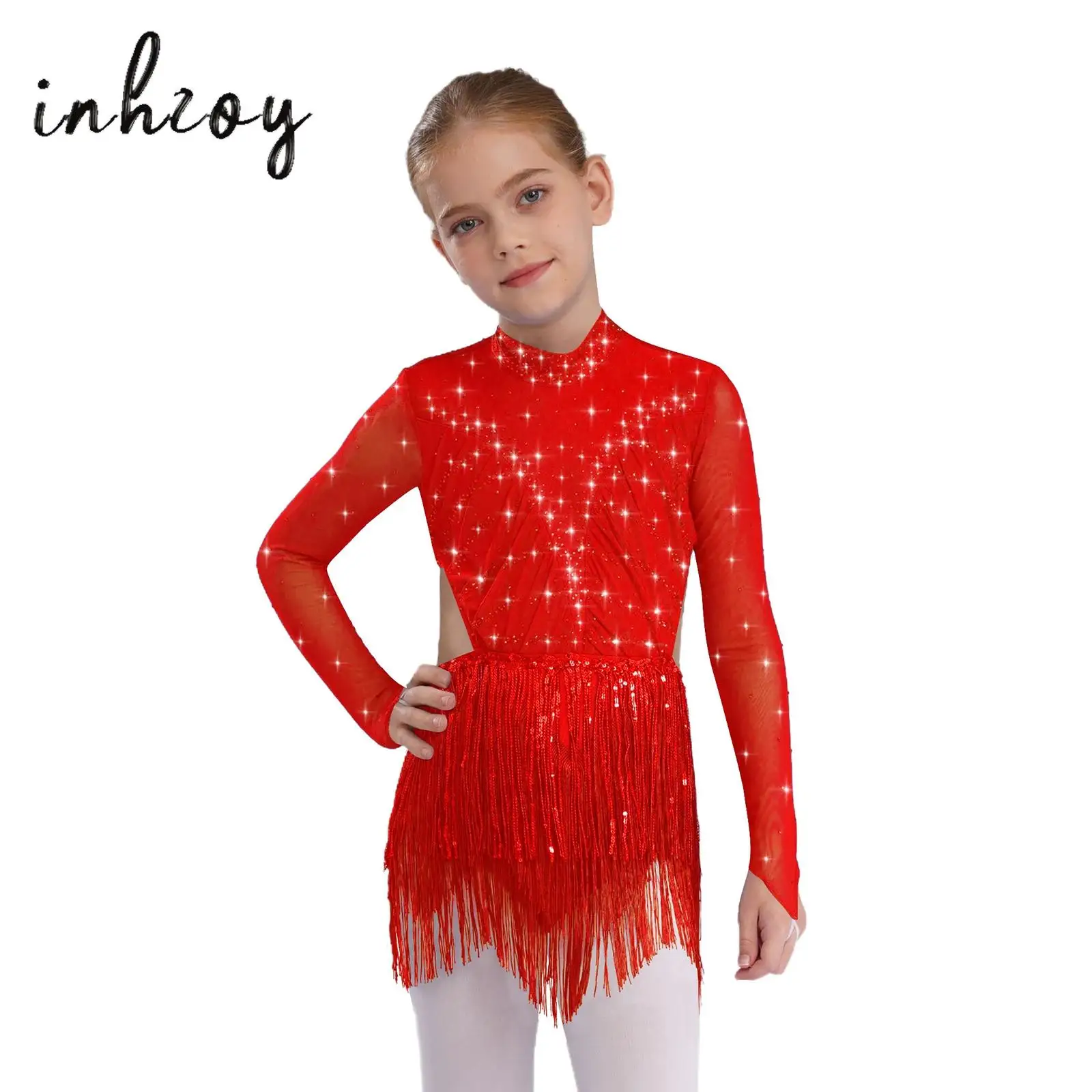 

Kids Girls Latin Dance Leotard Dress Long Sleeve Backless Shiny Rhinestones Sequins Tassels Bodysuit for Performance Competition
