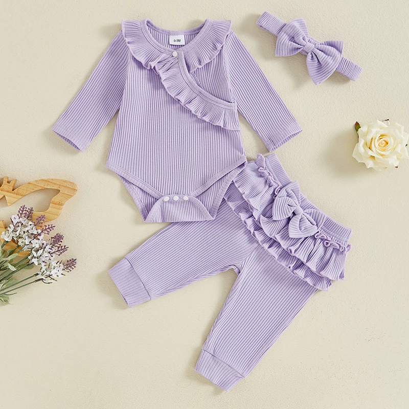 

0-18M Newborn Infant Baby Girl Clothes Set Long Sleeve Ruffled Romper Pants and Bowknot Headband Fall Spring Clothing Outfits