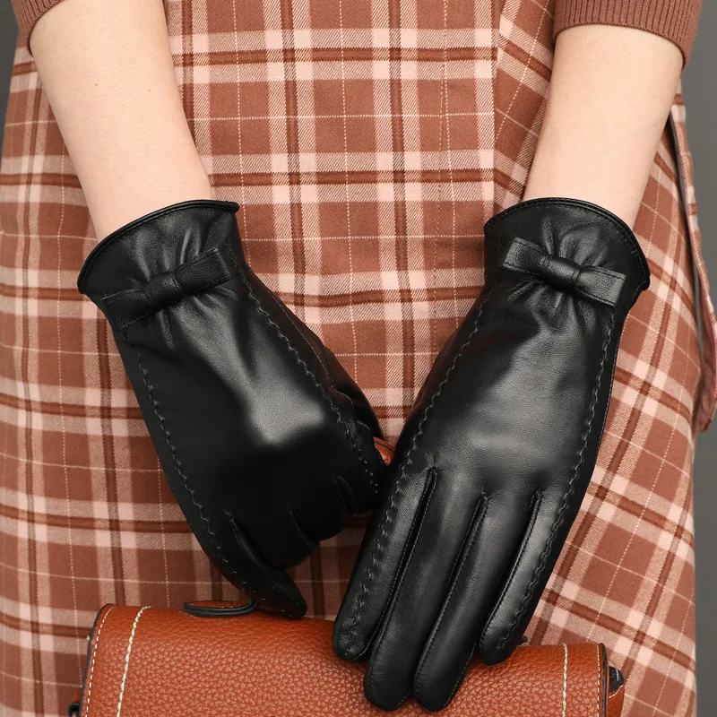 Women's Genuine Leather Gloves Sheepskin Gloves Fashion Autumn and Winter Thick Fleece Warm Touch Screen Motorcycle Biker Gloves