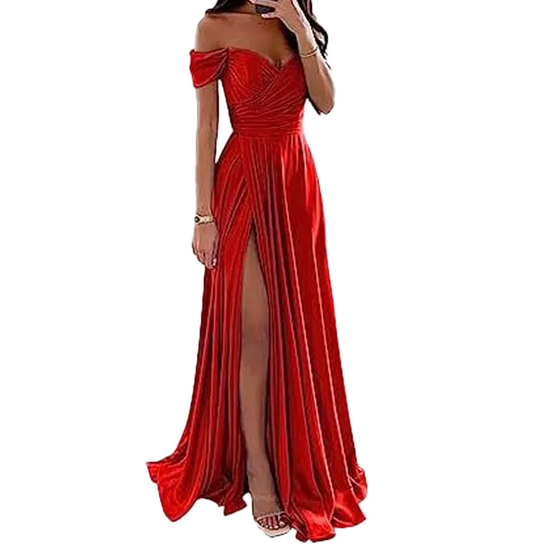 Womens Latest Bridesmaids Maxi Dresses with Off Shoulder Sleeveless V- Neck Slit Evening Gowns