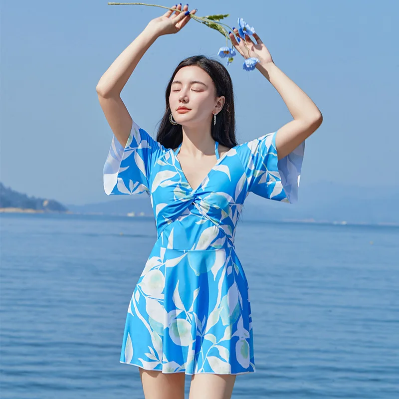 2023 Korean Style High Waist Swimwear Women Print One Piece Swimsuit Female Sexy Backless Swimwear Monokini Bathing Suit