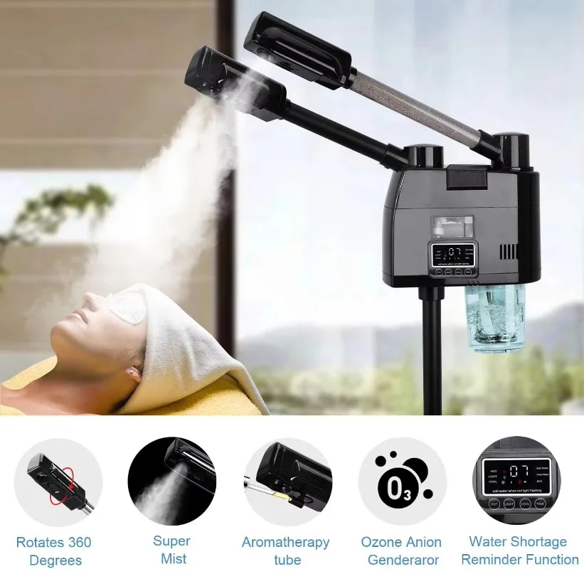 Professional 2 in 1 Black Facial Steamer Hot&Cold Nozzle Ozone Vaporizer Touch Lcd Display Face Steamer for Beauty Salon Spa