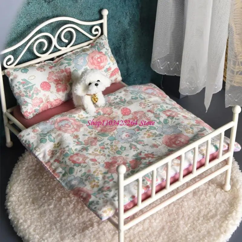 

Intricate Fabric Miniature Furniture Metal Full Bed 1:12 Scale Bedroom Set