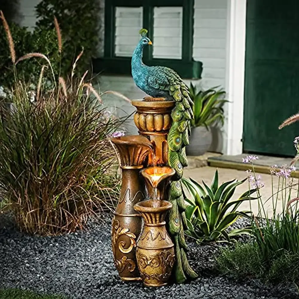 Peacock Pedestal Garden Fountain LED Light Resin Outdoor Urn Water Feature Durable Lightweight Patio Decor 44