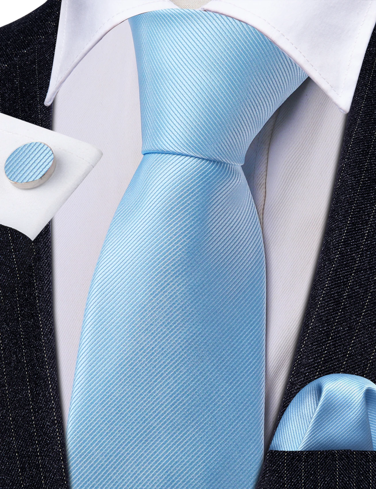 

Light Blue Silk Men Tie Designer Woven Solid Necktie Handkerchief Cufflinks Sets Groom Wedding Party Business Barry.Wang LN-6481