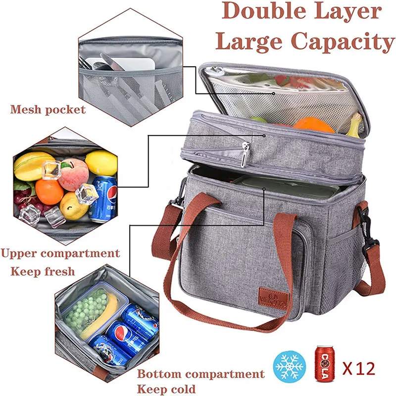 Double Deck Lunch Bag Insulated Bento Lunch Bags Women Men Portable Tote Leakproof Soft Food Cooler Bags for Work Travel Picnic