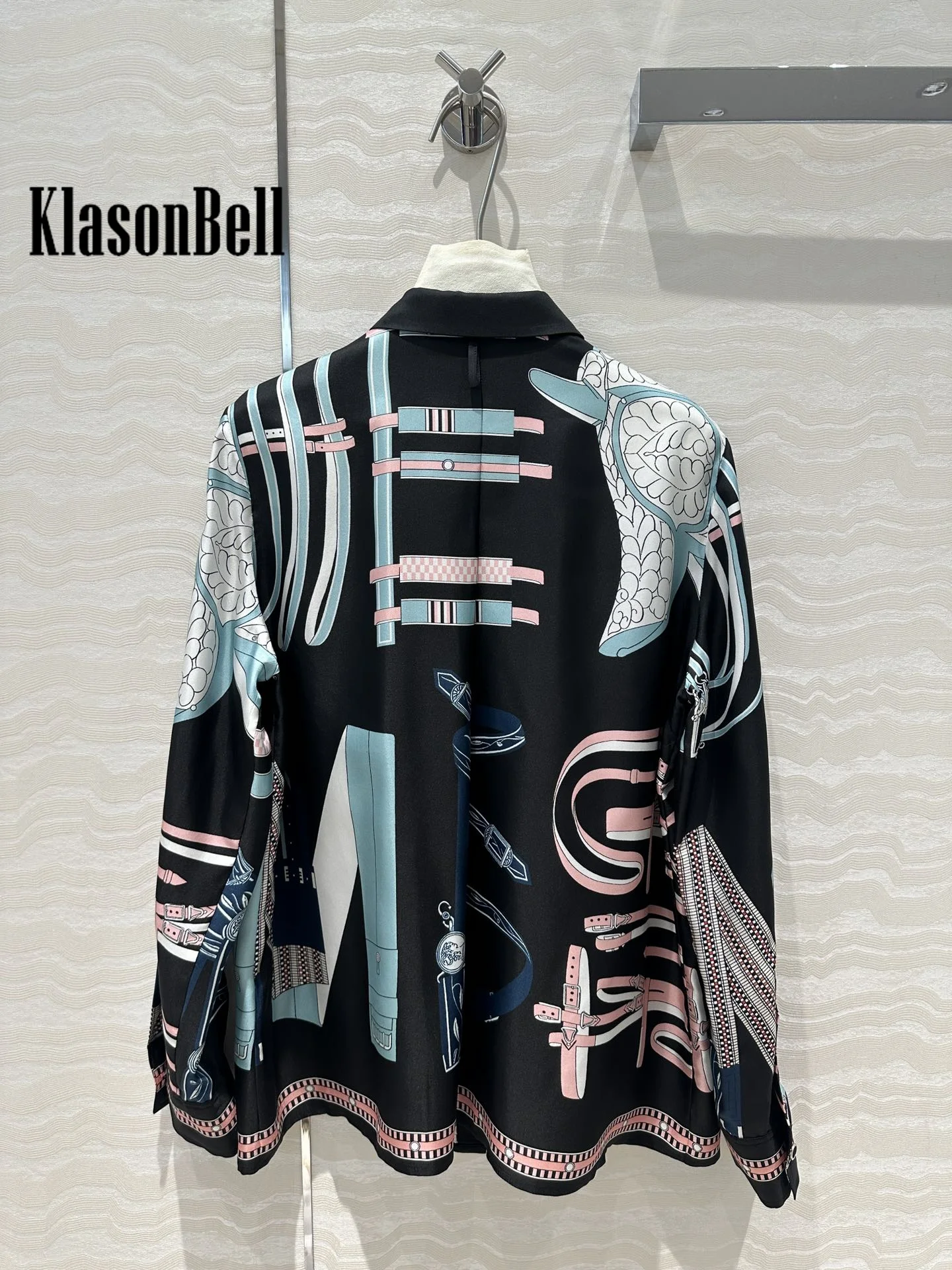 8.14 KlasonBell Women Classic Bridle Geometric Print Shirt 100% Silk Temperament Lapel Loose Casual Blouse Autumn New