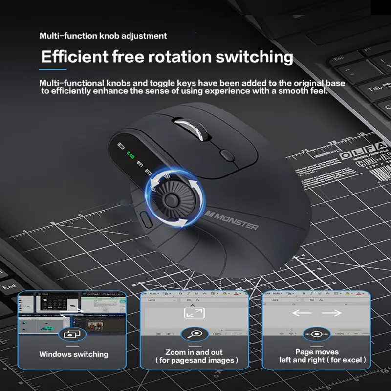 멀티 디바이스 수직 인체공학 마우스, PC 태블릿용 충전식 2.4G 블루투스 무선 마우스, 기능 조정
