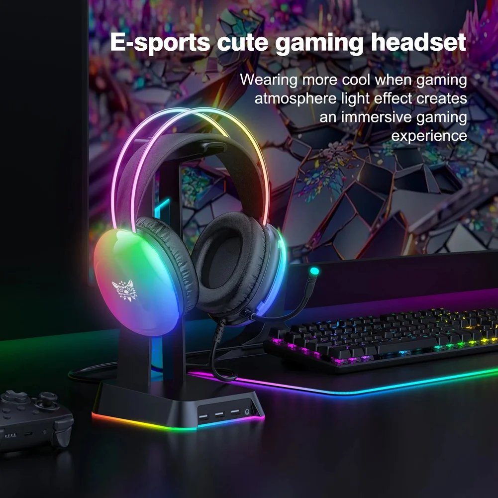 A57G-ONIKUMA Gaming Headset with RGB Dynamic Lighting Wired Over-Ear Headset with Noise Canceling Microphone for PC Black