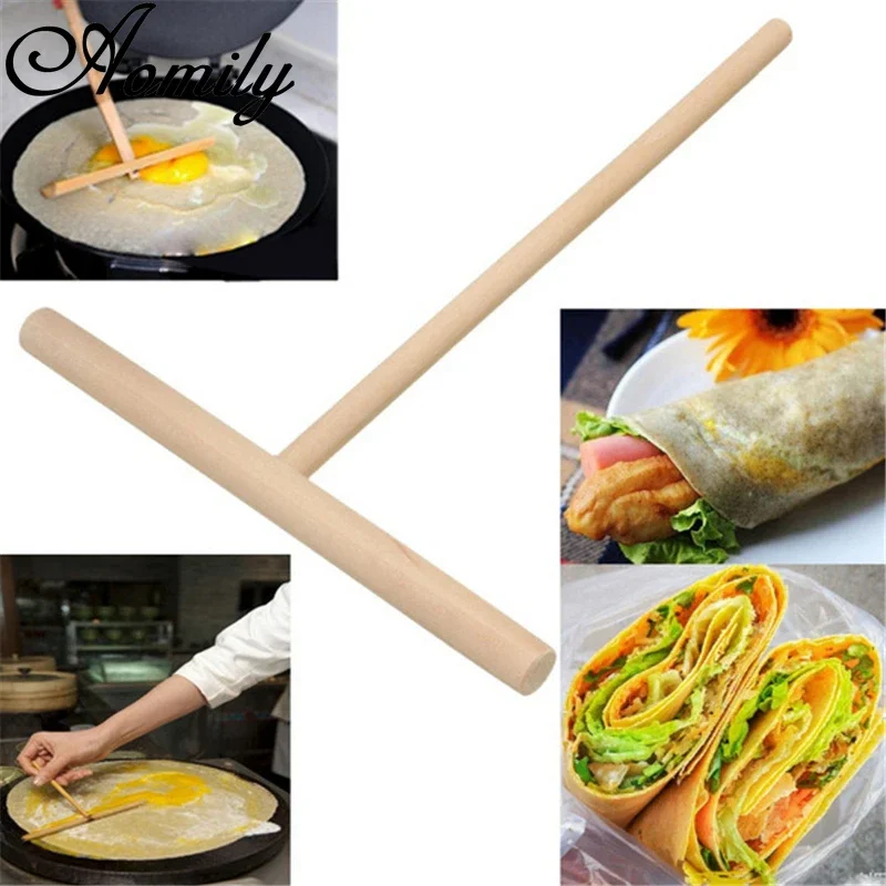 Amoliy T-shaped Egg Cake Scraper Pancake Batter Making Egg Crepe Maker Pastry Spatula Wooden Spreader Stick Baking Accessories