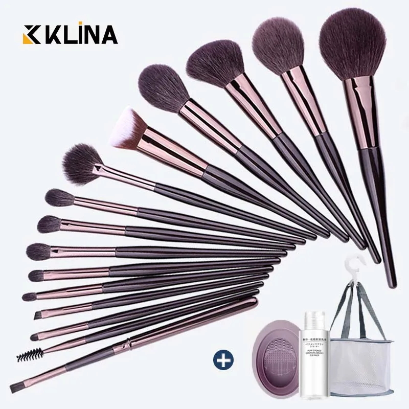 

KLINA 15PCS Makeup Brushes For Women Professional Natural Goat Hair Foundation Powder Contour Eyeshadow Make Up Tools Cleaner