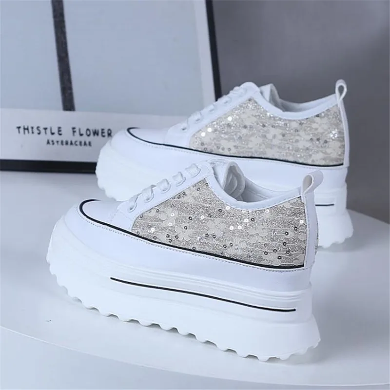 

Women's Sneakers Spring Sequined Casual Shoes Women Platform Heels Wedges Height Increasing Vulcanized Shoes 9cm