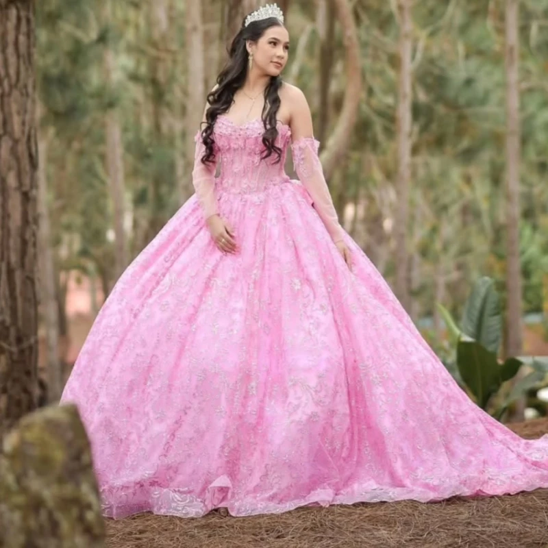 

Розовые блестящие платья Quinceanera с открытыми плечами и блестками, аппликация, кружево, бисер, бант, тюль, корсет, вечерние, день рождения, сладкое платье 16, Vesti