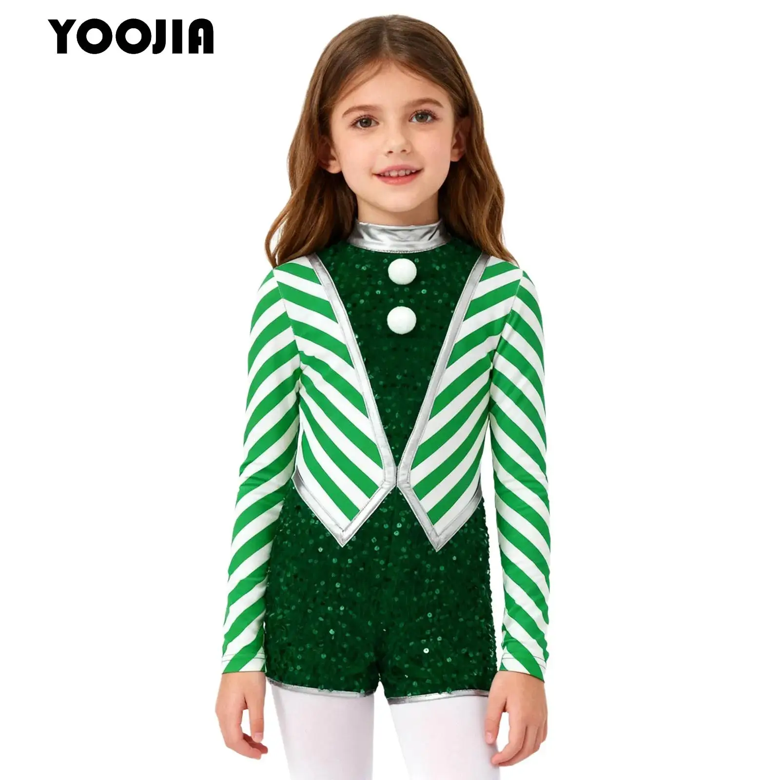 

Girls Christmas Candy Cane Jumpsuit Striped Sequin Bodysuit Xmas Party Santa Claus Elf Cosplay Gymnastics Ballet Dance Unitards