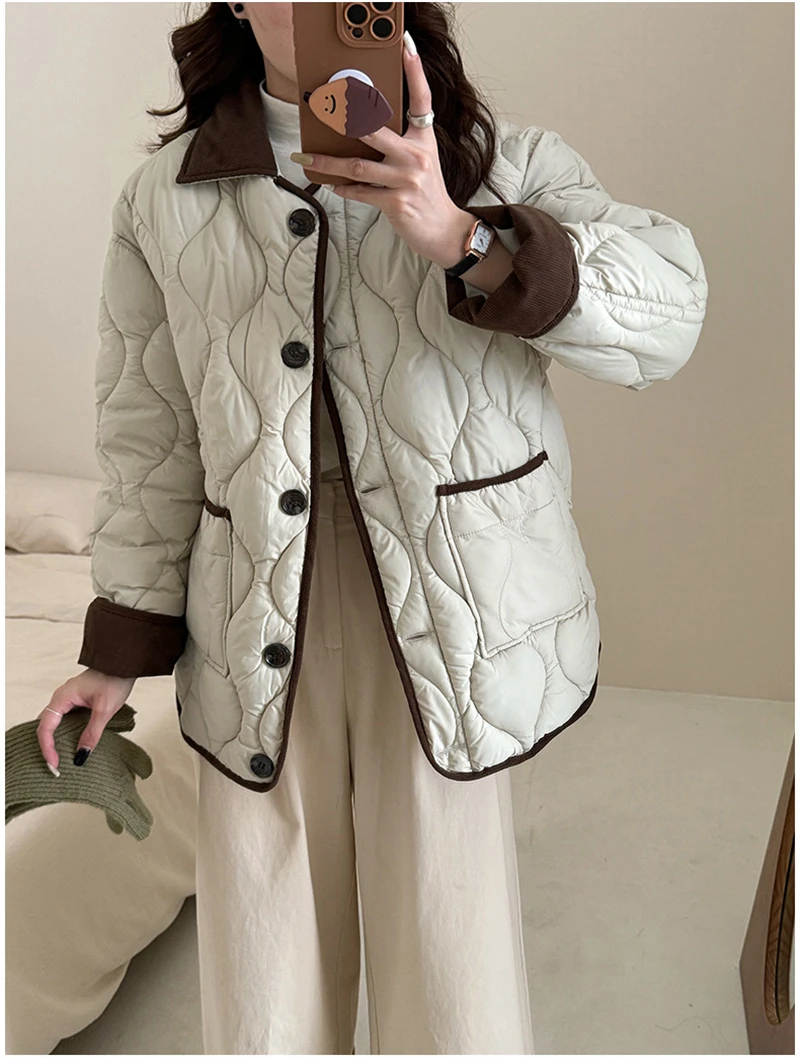 Autumn Down Cotton Padded Jacket Women's 2025 Contrast Lapel Rhombic Thin Short Loose Spring Cotton Padded Casual Coats Female