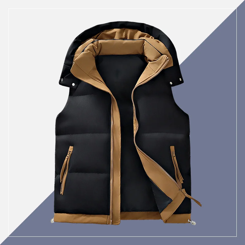 

Winter Cotton Vest Men's Hooded Vest Men's Loose and Thick Shoulder Korean Version Trendy Quality Down Cotton Sleeveless Jacket