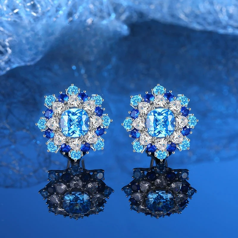 

European and American Fashion High-end PT950 Platinum Artificially Cultivated Gemstone Full Diamond Sea Blue Round Earrings