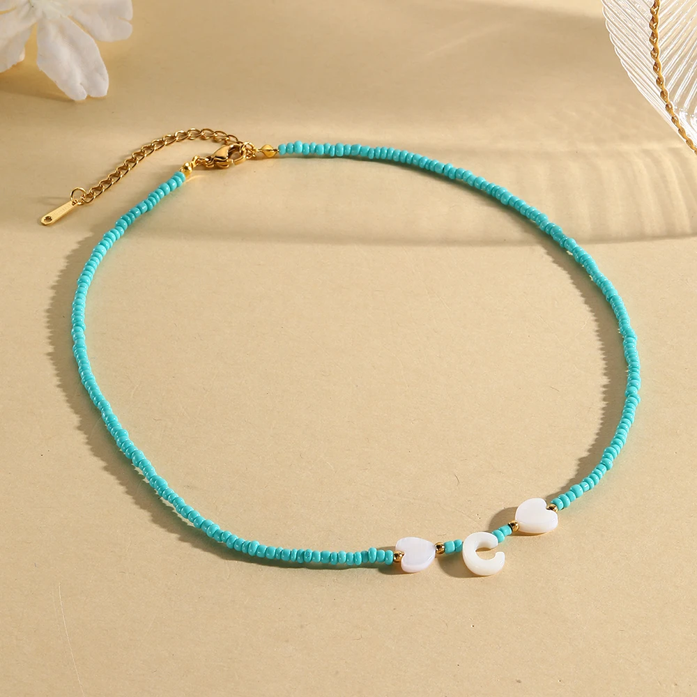 26 Letter Stainless Steel Tail Chain, Blue Millet Bead Necklace, Shell Heart Letter, Women\'s Jewelry