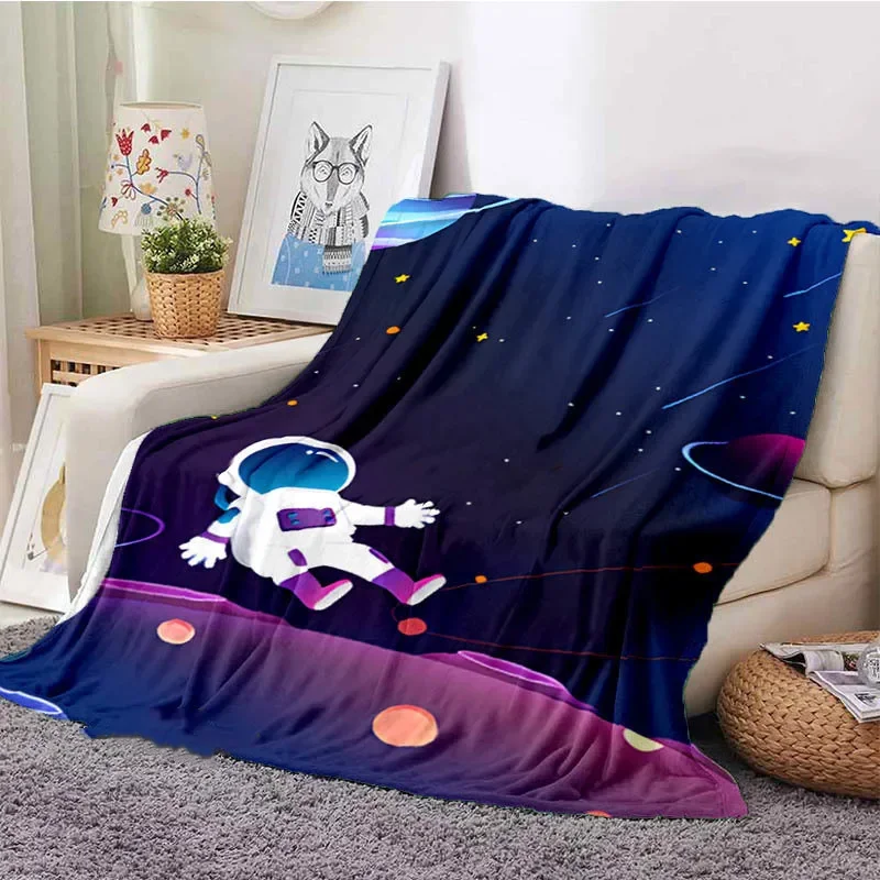 Cartoon Spaceman Pattern Children's Flannel Throw Blanket Soft Warm Cozy Sofa Bed Decor Blanket Kids Teens Travel Birthday Gifts