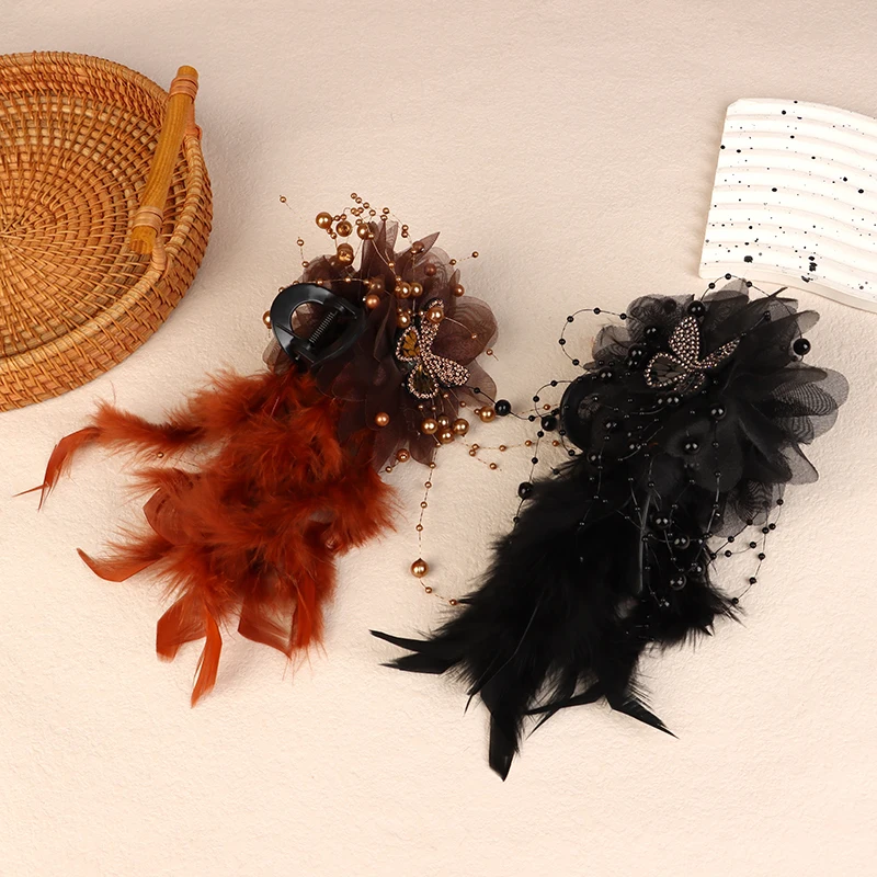 Mode Elegante Schmetterling Feder Perlen Quaste Clip Koreanische Fee Haar Klaue Shark Clip Frauen Temperament Haar Zubehör – Detail 4