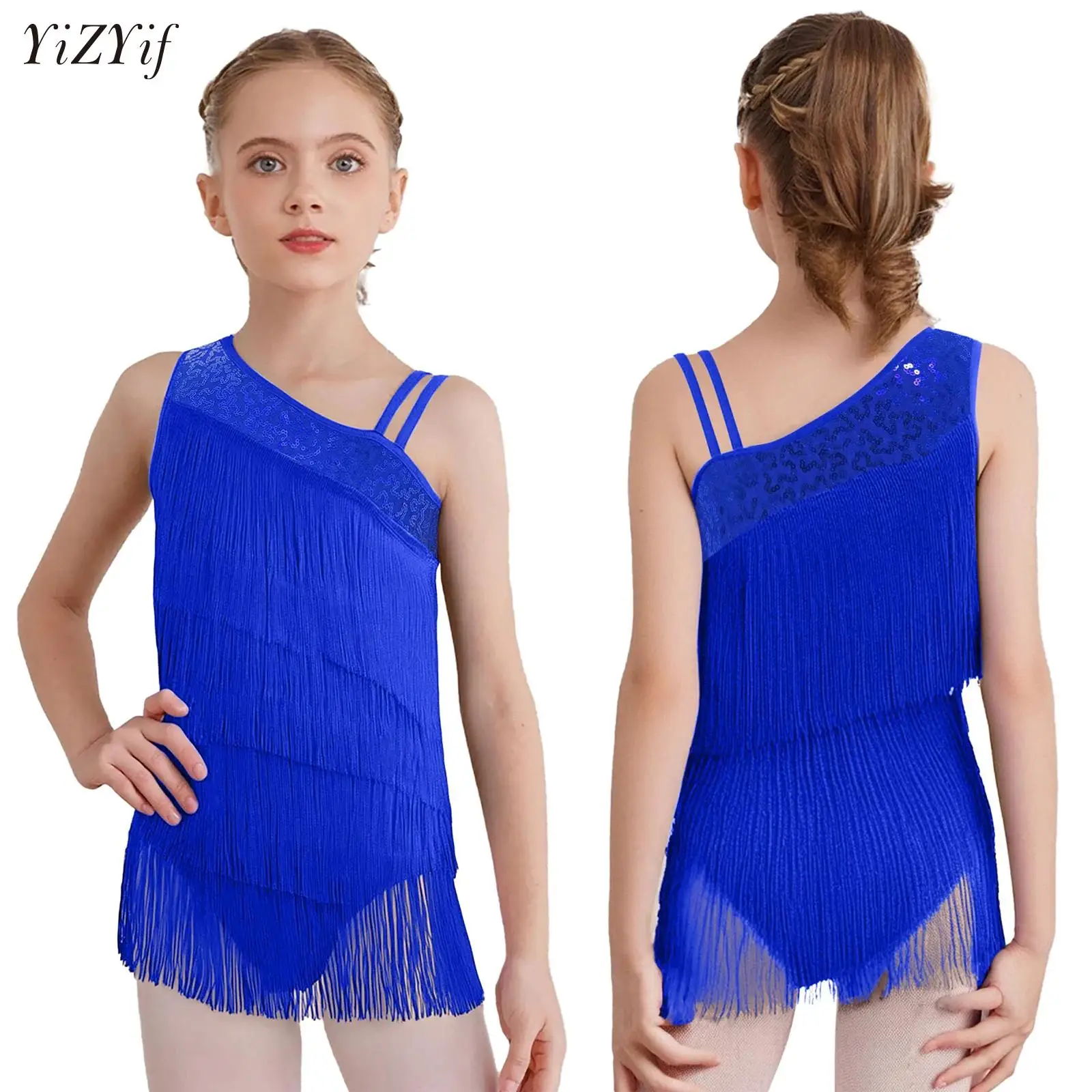 

Shiny Modern Latin Dance Tassels Leotards Dress for Kids Girls Ballroom Fringe Chacha Rumba Tango Salsa Bodysuit Stage Costume
