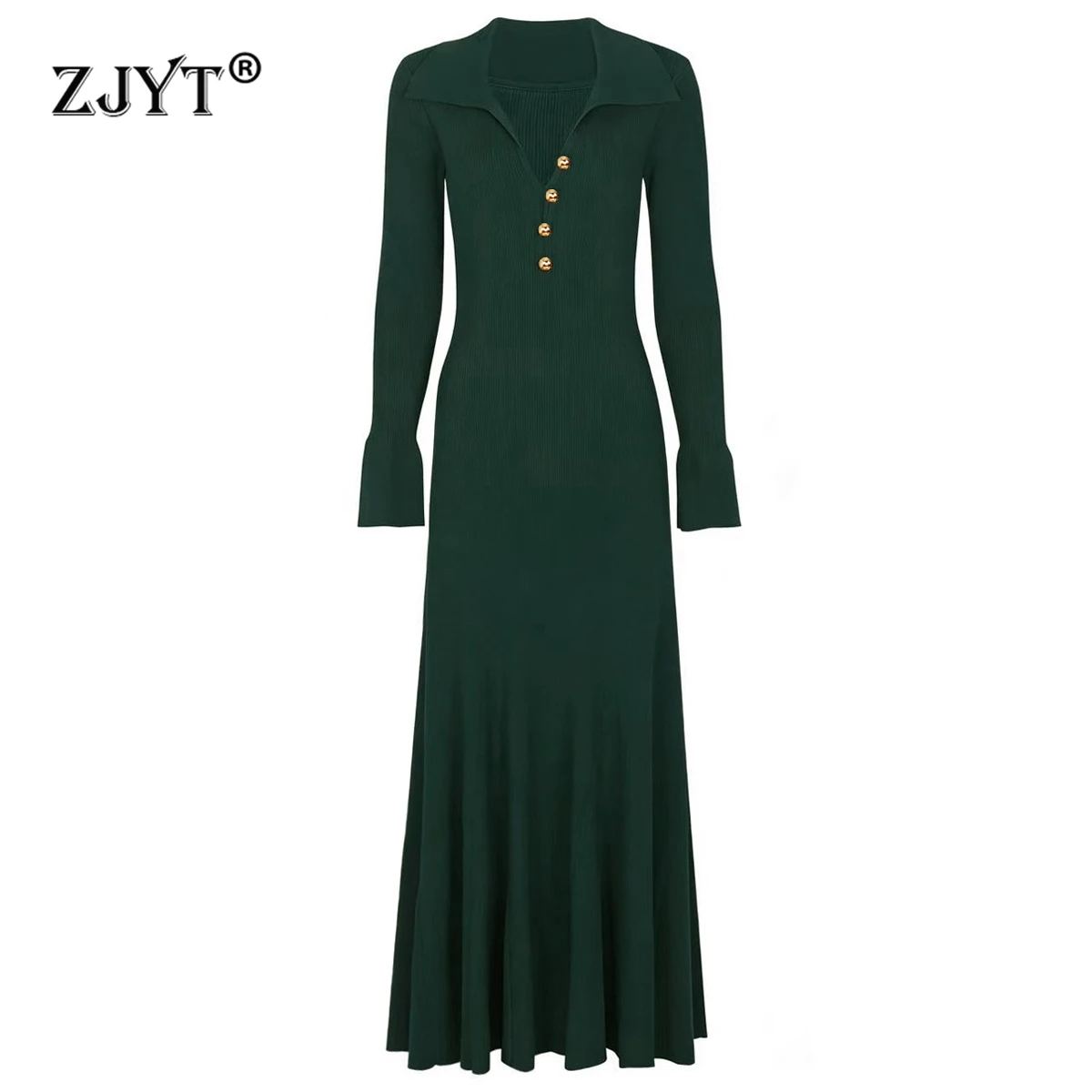 

ZJYT Autumn Winter Long Knitting Sweater Dresses for Women Flare Sleeve Turn Down Collar Basics Casual Knitwears Elegant Vestido