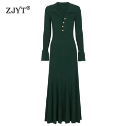 ZJYT Autumn Winter Long Knitting Sweater Dresses for Women Flare Sleeve Turn Down Collar Basics Casual Knitwears Elegant Vestido