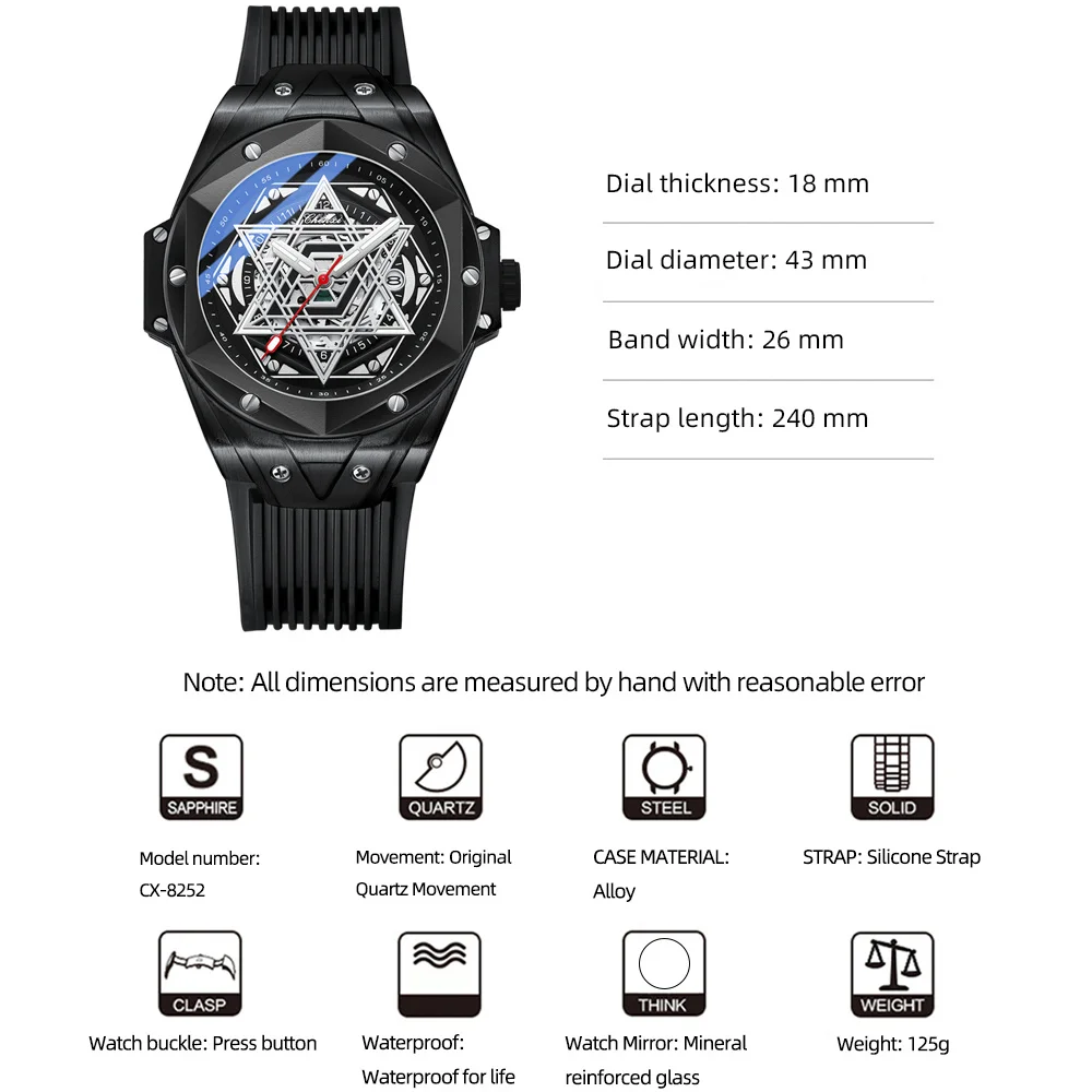 CHENXI 8252 Luxury Fashion Male Clock Quartz Waterproof Date Mens Wristwatch Sport Big Dial Calendar Silicone Watches