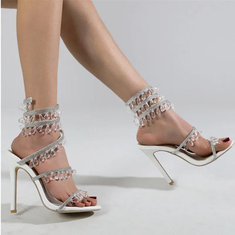 

Fashion Crystal Pendant Tassels Women Sandals Sexy Snake Coiled Stiletto High heels Gladiator sandals Summer Wedding Party Shoes