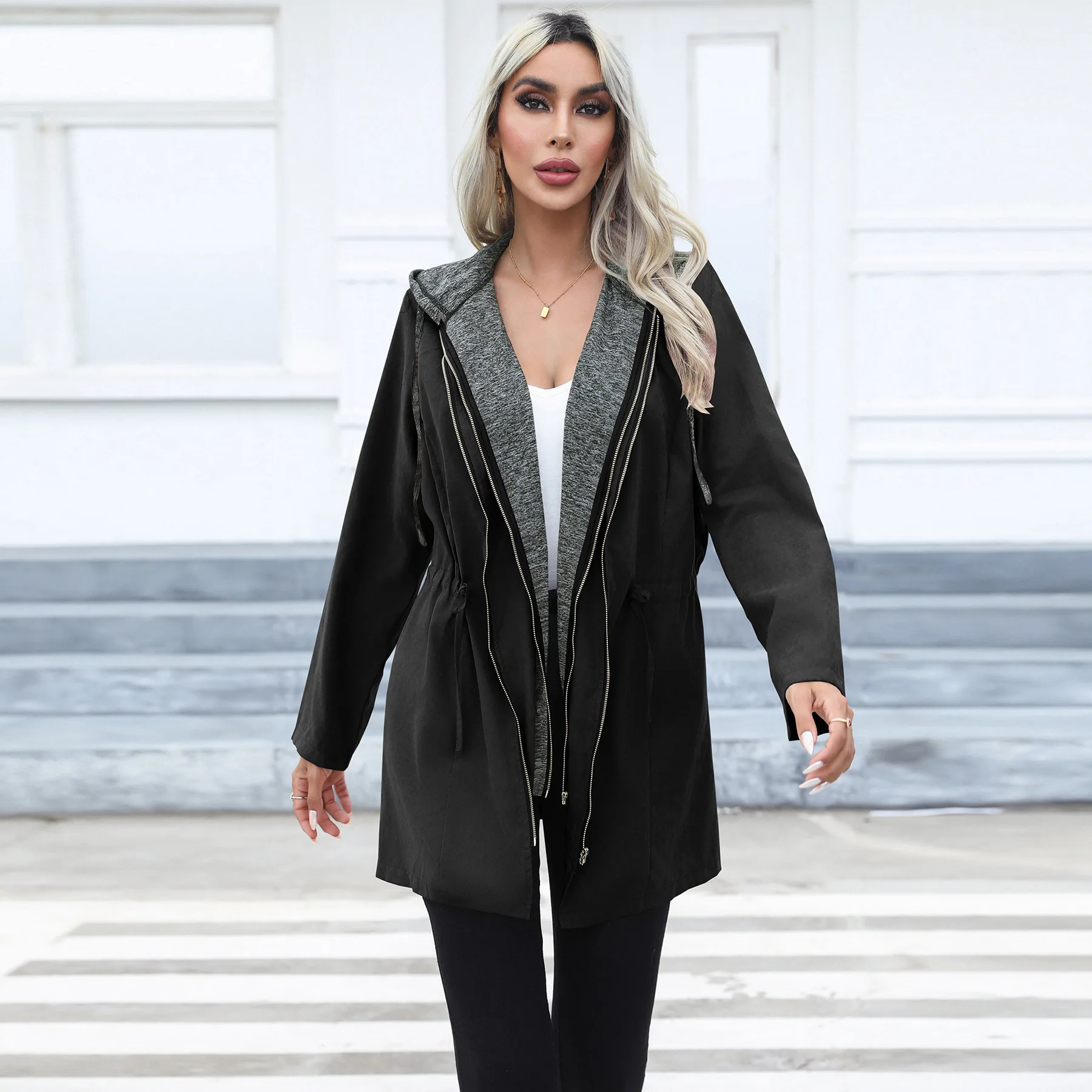 2023 Autumn Winter Women's Casual Waistband Double Zipper Contrasting Coat Medium Length Long Sleeved Hooded Trench Coat