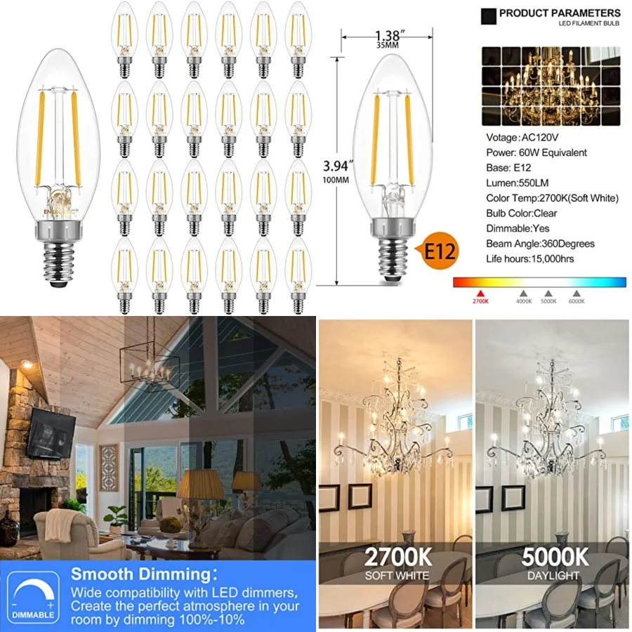 

ENERGETIC SMARTER LIGHTING B11 E12 Candelabra LED Bulbs 60 Watt Equivalent, Dimmable LED Chandelier Light Bulbs,,550LM, Decorat