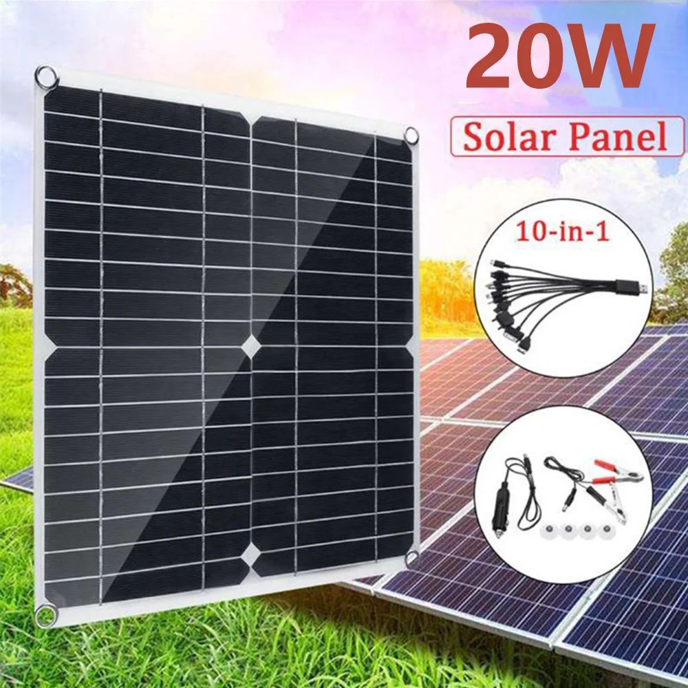 

20W Solar Panel Kit 18V Outdoor Solar Charger Storage Battery Supply For Phone RV Car Caravan Home Camping Portable Solar Cell